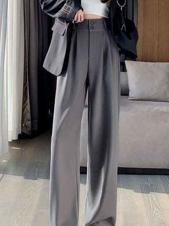 

High Waist Drapey Wide Leg Pants Women's Summer Slimming Straight Cut Floor-Length Trousers for Pear Shaped Body Korean Style