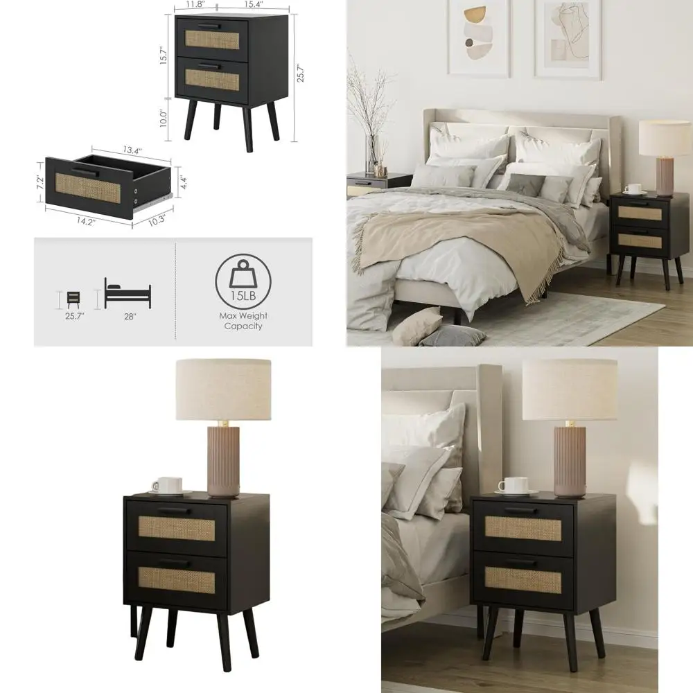 

Black Boho Style 2-Drawer Rattan Nightstand for Bedroom, Living Room, and Office