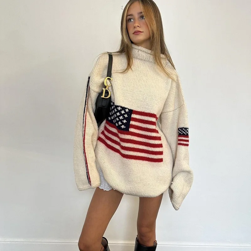 Y2K Women Winter Vintage Ladies Luxury American Flag Knit Sweater Aesthetics Long Sleeve Sweaters Oversize Pullover Tops Clothes