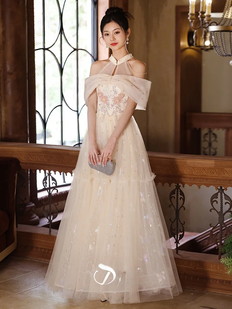 

Длинное вечернее платье Ele Princ Sle для выпускного вечера в старшей школе и торжественных мероприятий для взрослых, с дизайном на шее и тяжелой вышивкой