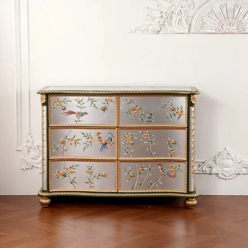 Hand painted six drawer chest of drawers retro forest green wooden living room side cabinet