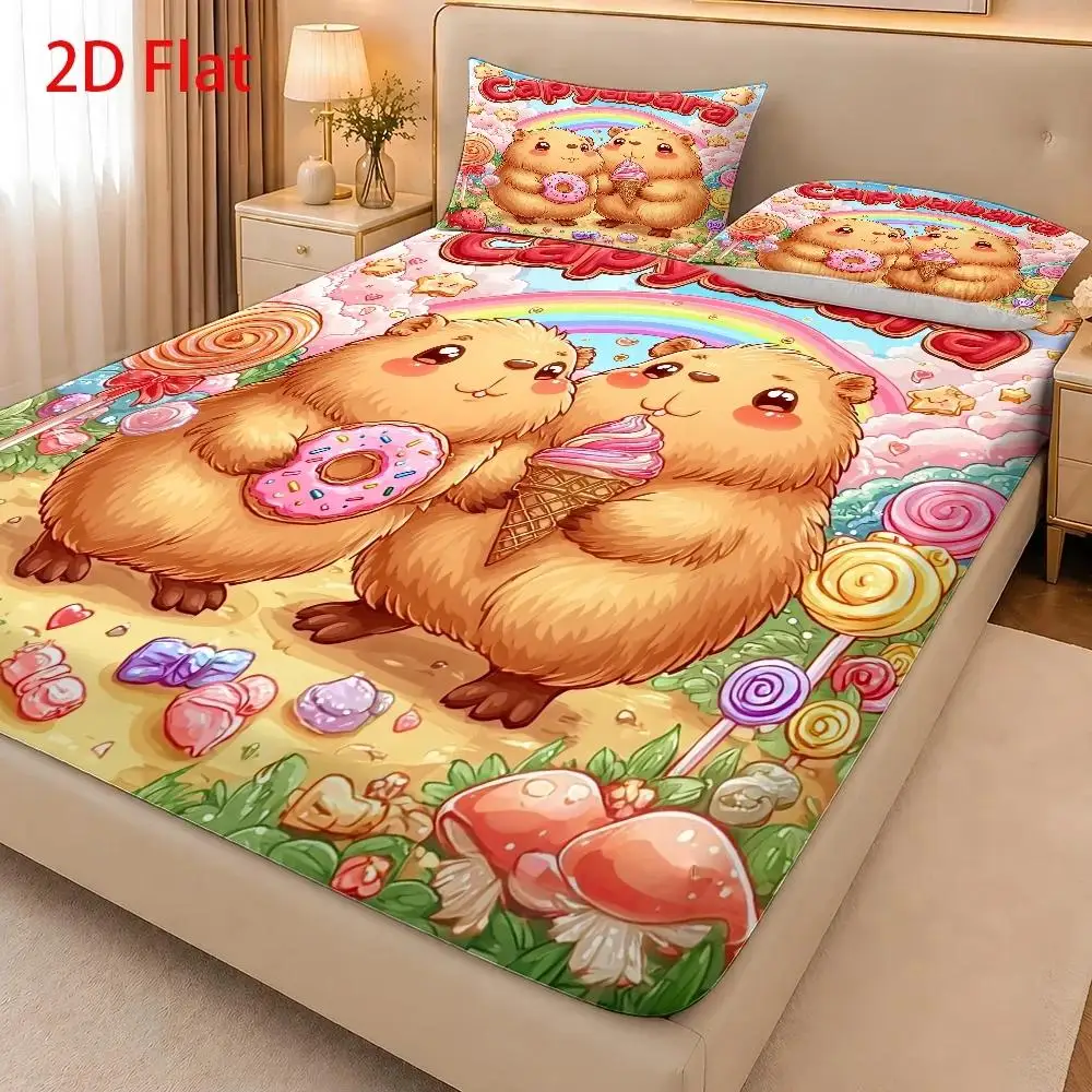 Digital Print Bed Sheet Set, Bedding (includes 1 bed sheet + 2 pillowcases), 2D Illustration, Candy Festival Bed Sheet Set, for home, dormitory, master bedroom, guest room. Elastic fitted sheet style, mattress protector, suitable for all seasons, machine washable design, holiday decoration, various sizes, breathable protector with pillowcases