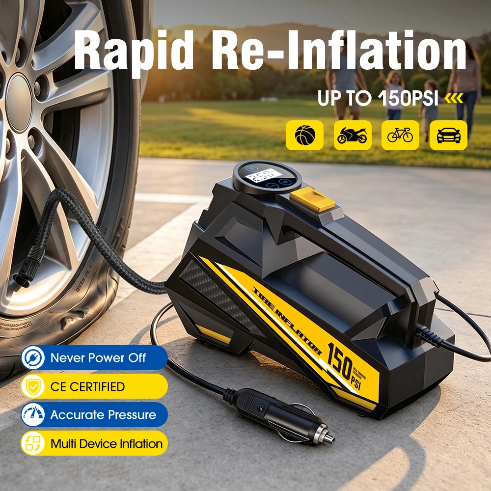 CARSUN Compact Cordless Tire Inflator 150PSI Bike Pump Type-C Digital Auto Shut-off for MTB Road Bike Motorcycle Ball CE