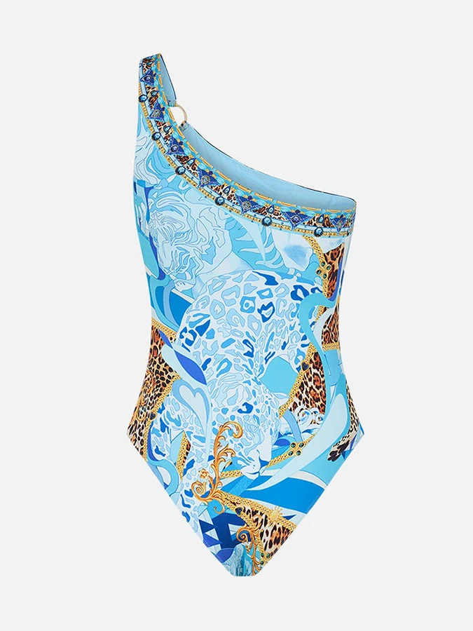 Blue One Piece Bikini Beach Seawater Colour Block Printed Slant Shoulder Women\'s New Fashion Swimsuit With Long Trousers