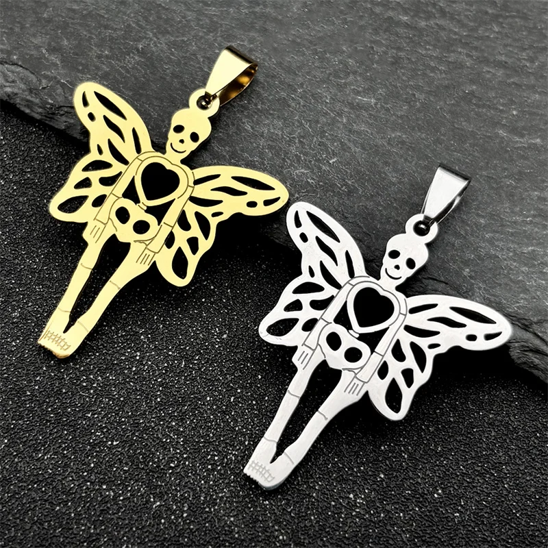 3Pcs Skeleton Angle Heart Butterfly Wings Pendants For Women Men Stainless  Steel Gold Color Skull Hollow Charms Jewelry Making