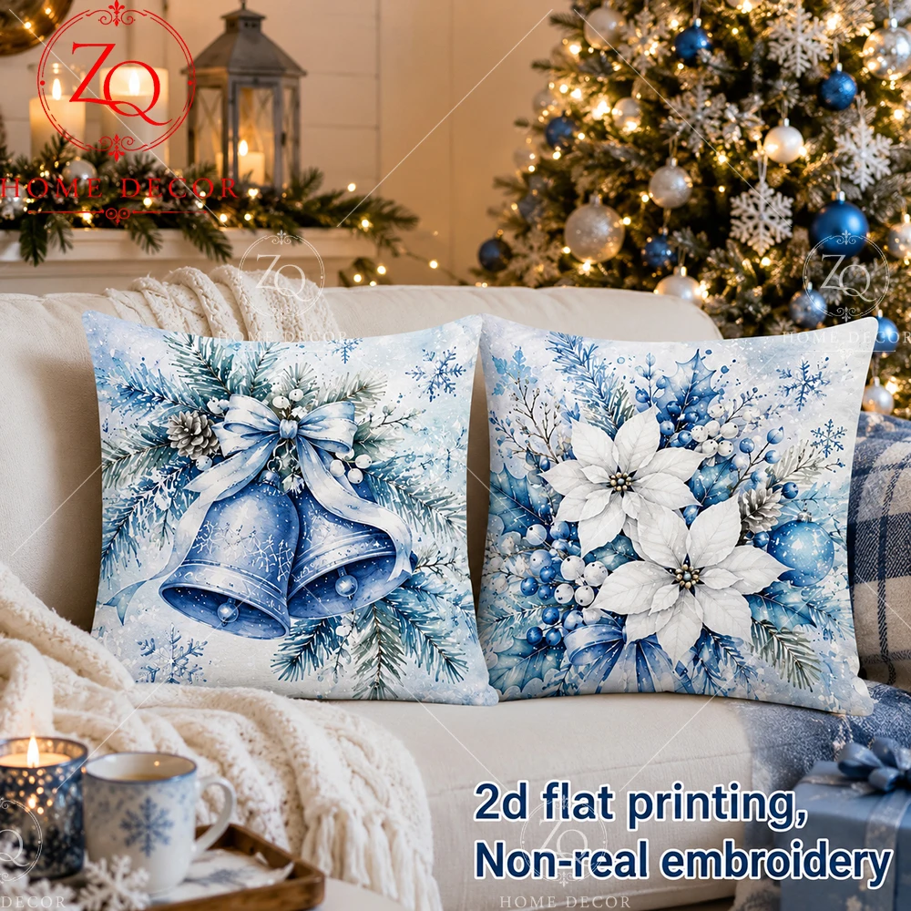 Blue Christmas Jingle Bell Peach Skin Throw Pillow Case 2D Flat Printed Poinsettia Cushion Cover For Living Room Sofa Home Decor