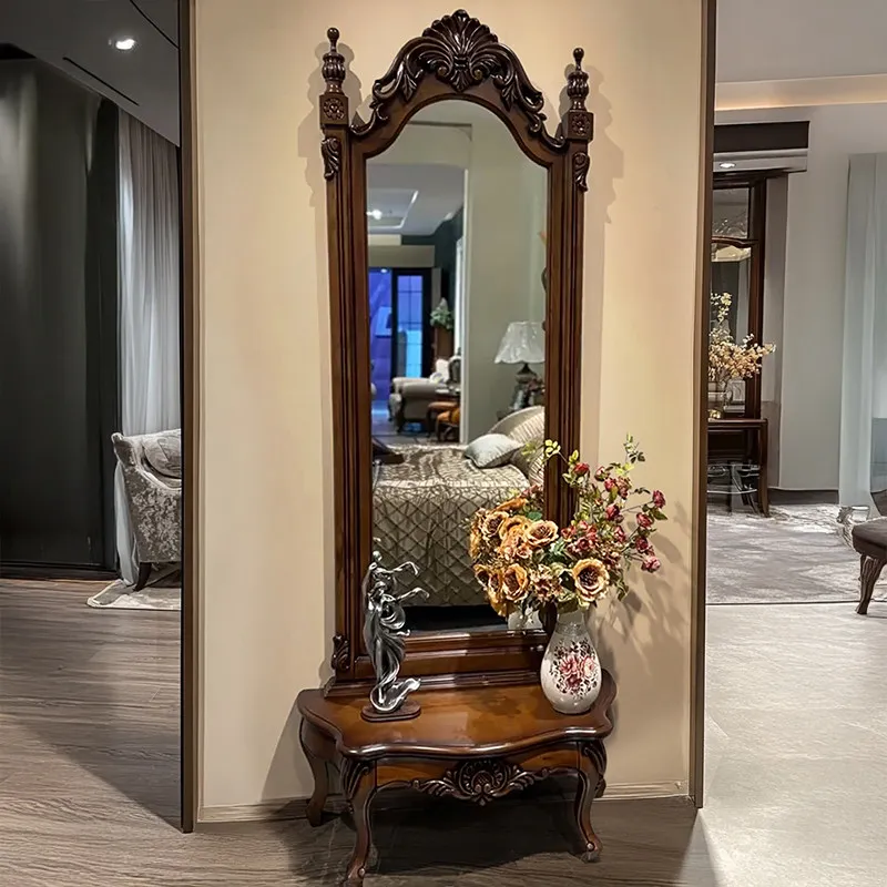 Solid wood full-length mirror European princess cloakroom carved fitting mirror household three-dimensional full-body