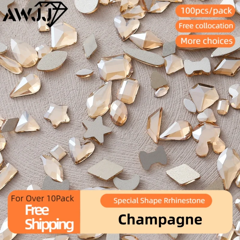 

100pcs/pack Champagne Shiny Mixed Shapes Glue-ON luxurious Precision Cutting Nail Art Rhinestones Eco-Friendly & Safe