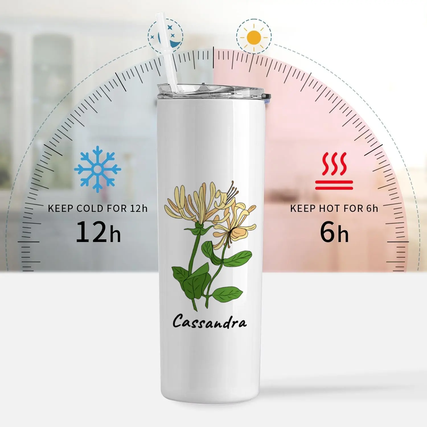 Custom Tumblers Custom Name and Birth Month Flower Water Bottle with Lid Straw 304 Stainless Steel Vacuum Flasks Travel Tumbler