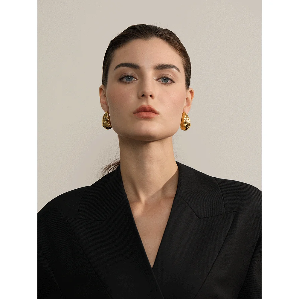 Yhpup Stylish Metal Stainless Steel Half Empty Water Drop Stud Earrings Distinctive Texture Metal Trendy Jewelry for Women