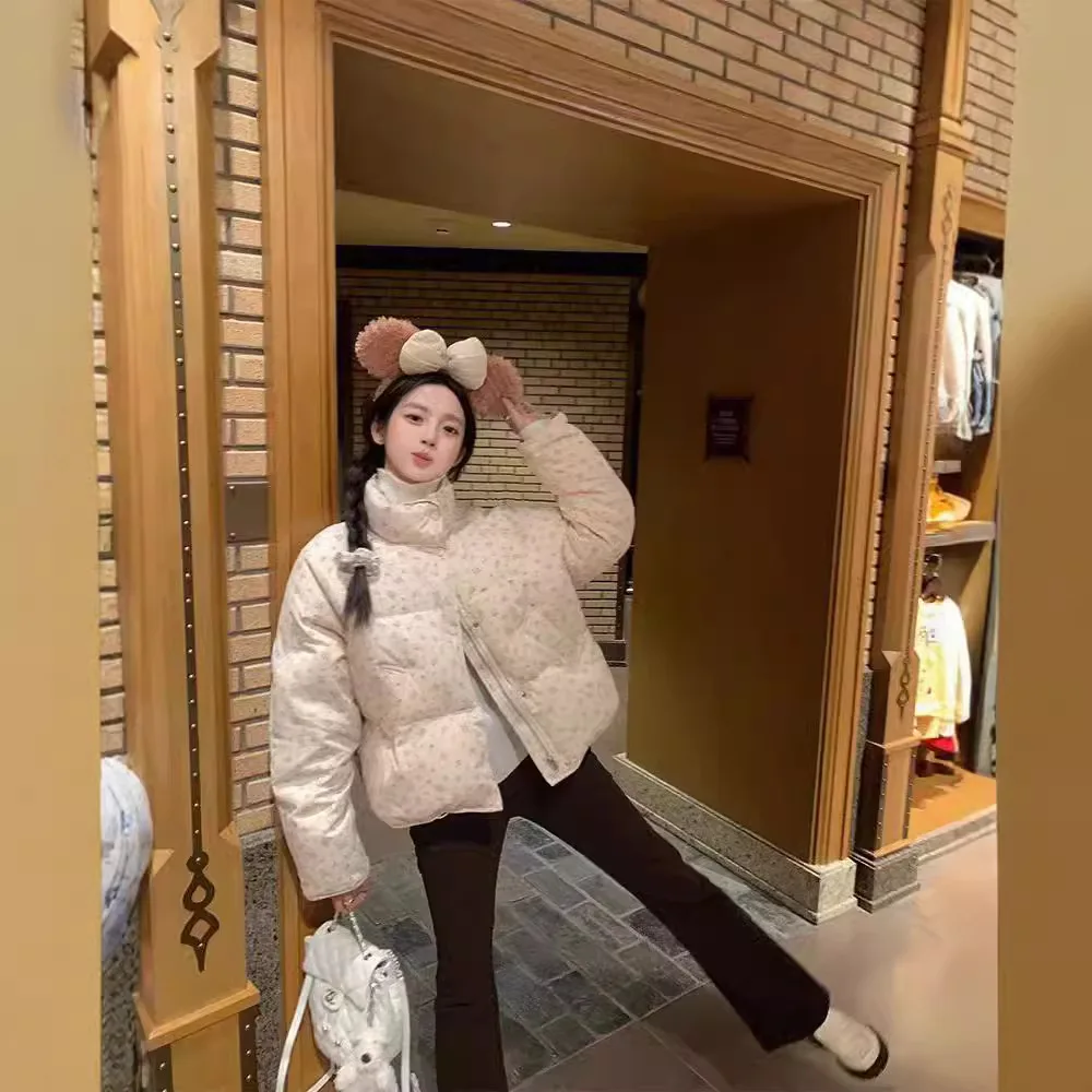 Print Women Parkas Long Sleeve Stand Collar Parka Zipper Coats Outerwear Basics 2025 Winter Casual Pockets Loose Spliced