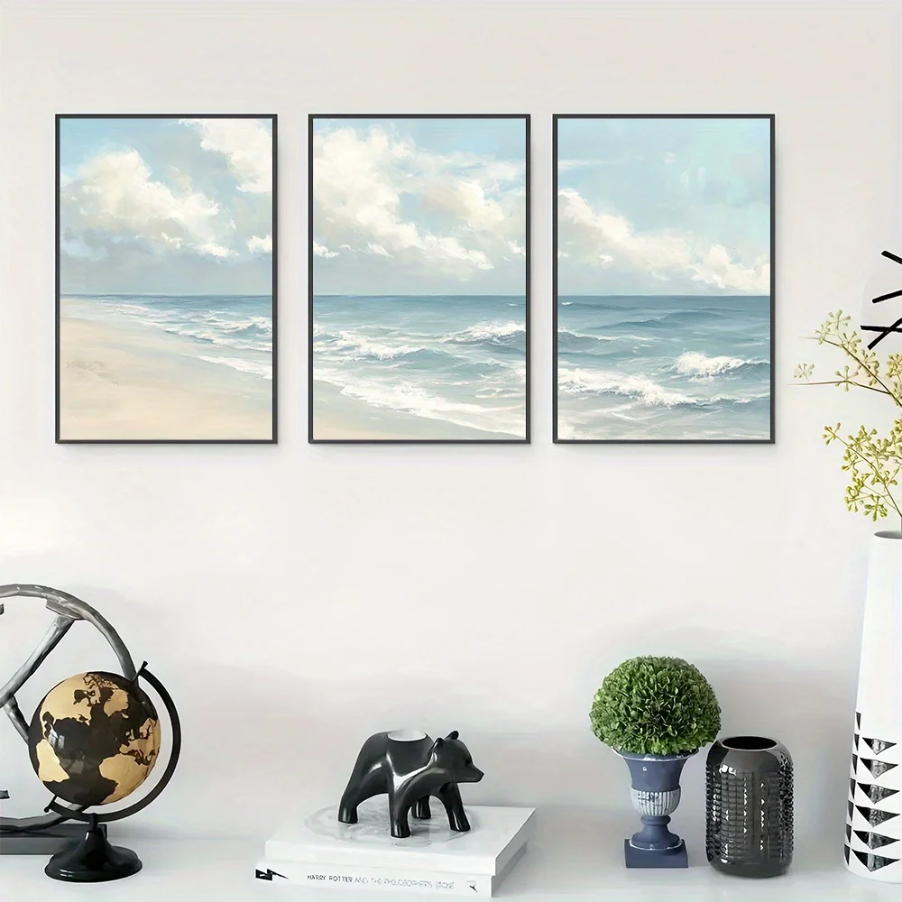 Póster de playa sin marco de 3 piezas, arte de pared de agua turquesa, impresiones artísticas de ondas, impresión en lienzo de nubes, decoración de pared de horizonte, póster de océano, P