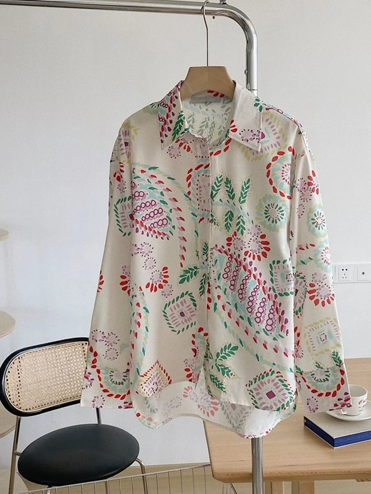 시크 여성 셔츠 빈티지 젠틀 루즈 디자인 센세이션 엘레강스 한국 스타일 긴팔 폴로 칼라 프린트 캐주얼 패션