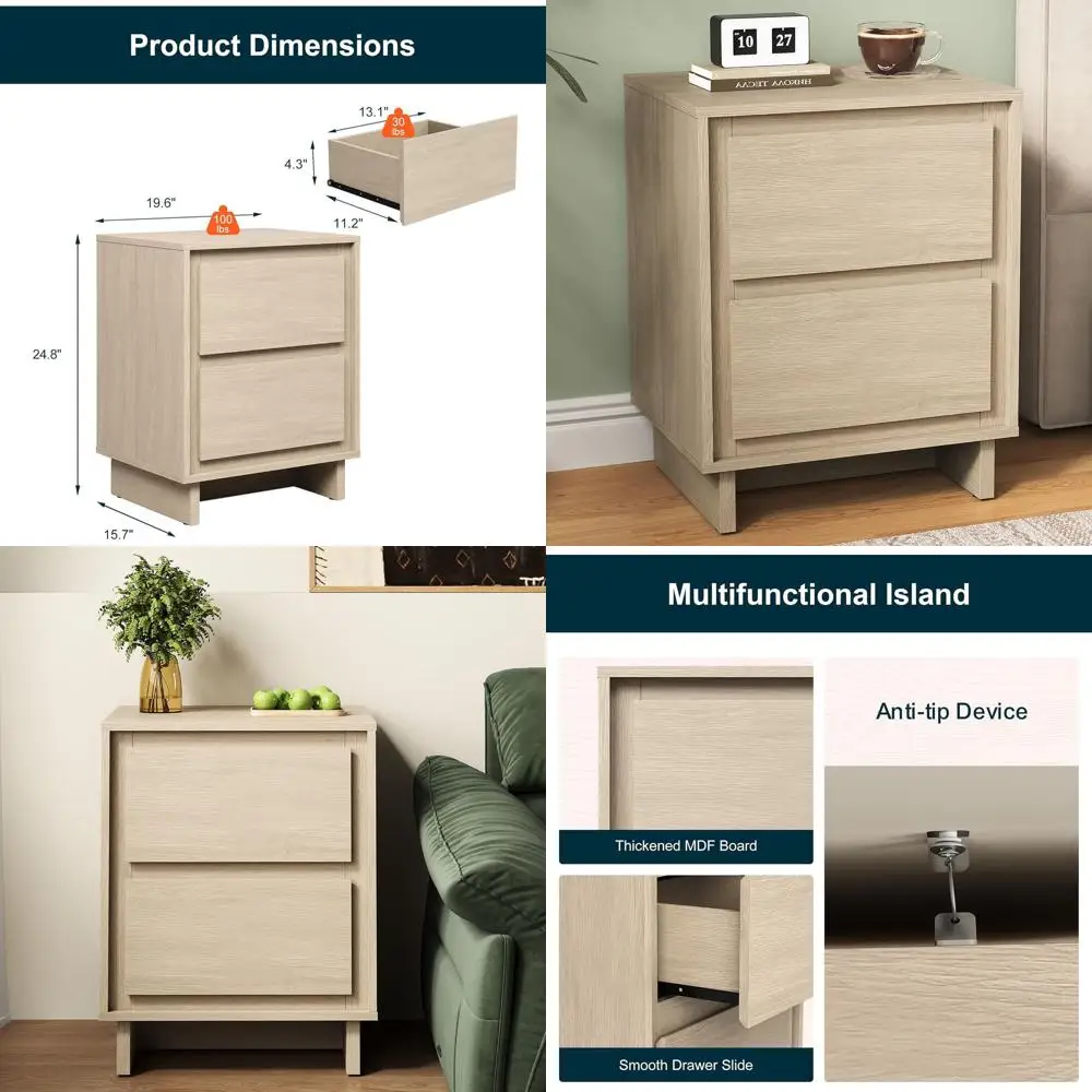 

Beige Storage Nightstand with End Table Functionality for Bedroom, Office, or Entryway