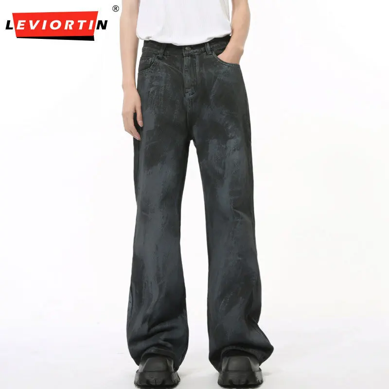 Men's 2024 autumn high street coating worn-out straight tube casual solid color retro washed loose wide leg jeans street wear