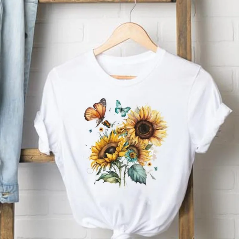 Europe and The United States Cute Fashion Flower Print Top Short-sleeved Round Neck T-shirt Graphic T Shirts  Tops  Aesthetic