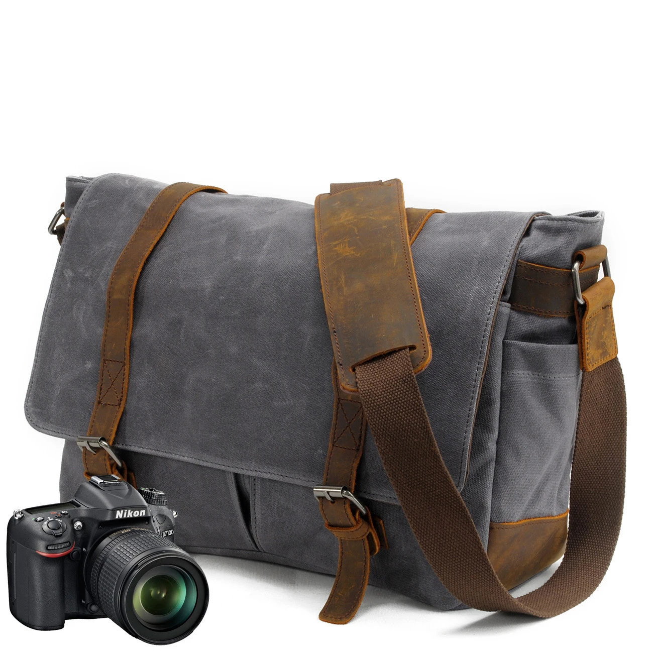 16930ND New Arrival Large Shoulder Laptop Camera Bags Waterproof Waxed Canvas Genuine Leather Customizable Logo