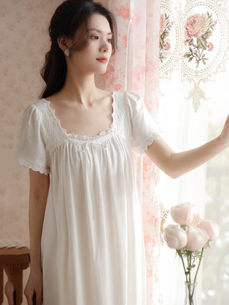 Women Summer Short Sleeve Ruffles Romantic Victorian Nightdress Cotton Vintage Princess Lace-up Loose Fairy Nightgowns Sleepwear