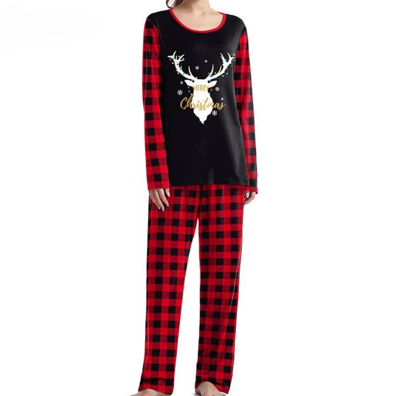 Elk Christmas Graphic Pajamas Sets for Women Red Checkered Couple Sleepwear Family Matching Suit New Year Pajamas Clothes