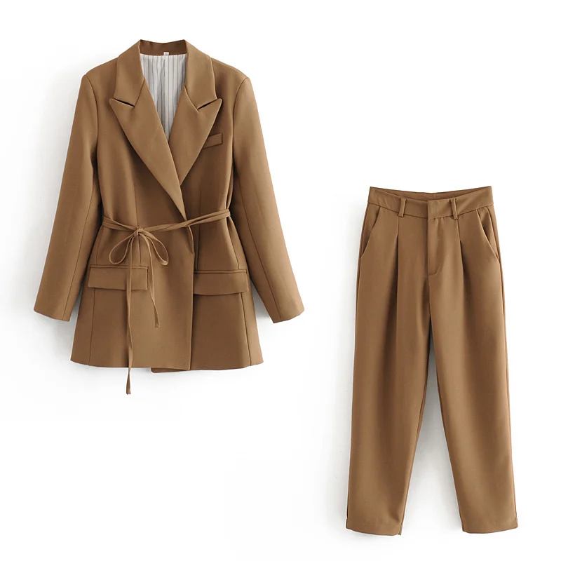BWQ Elegant Women High Quality Brown Suit Set Fashion Vintage Ladies Cotton Jackets Casual Female Soft Suits Girls Chic 2025