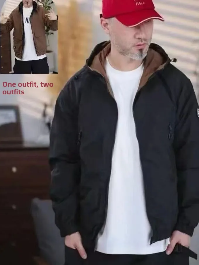

Double-Sided Wear Men's Hooded Jaet Loose Casual Outdoor Windproof Autumn Faionable Streetwear Coat Zipper Closure Long S...