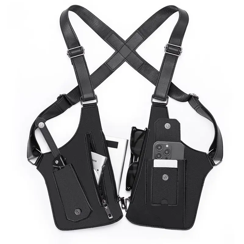 Retro Double Shoulder Strap Tactical Bag Multi Pocket Anti Theft Waterproof PU Outdoor Travel Hiking Chest Bag for Men Daily Use