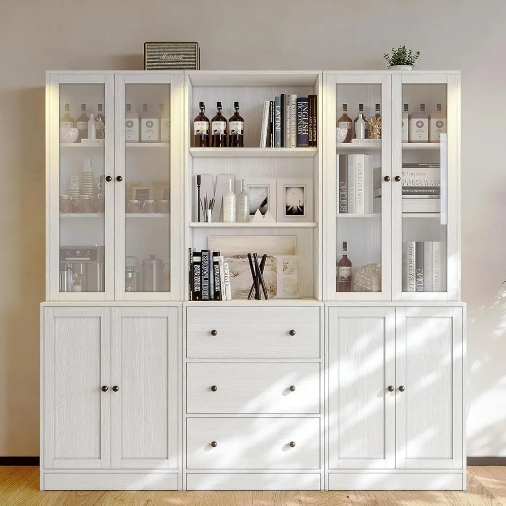 

3-Tier Wooden Bookshelf with Large Drawers, Open Storage, and Glass Doors for Home Office, White