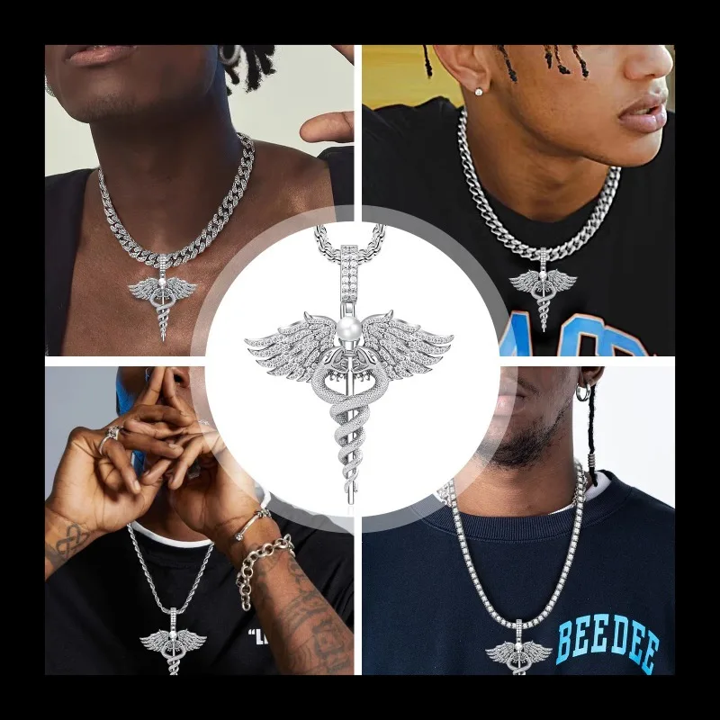 

Full Diamond Angel Muse Spreads Wings Hip Hop Necklace, Three-dimensional Angel Pendant Rap Trendy Man Collarbone Chain
