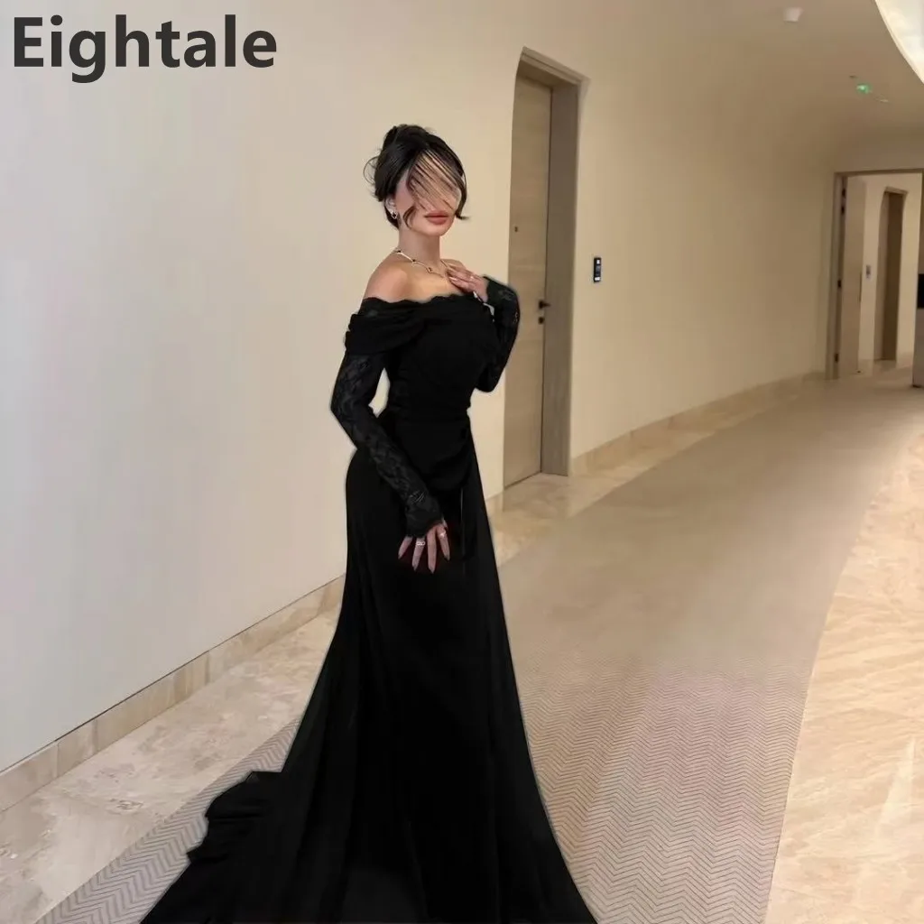 

Eightale черное кружевное вечернее платье трапециевидной формы с длинными рукавами и открытыми плечами для женщин, Дубай, Саудовское вечернее платье для выпускного вечера, настраиваемое