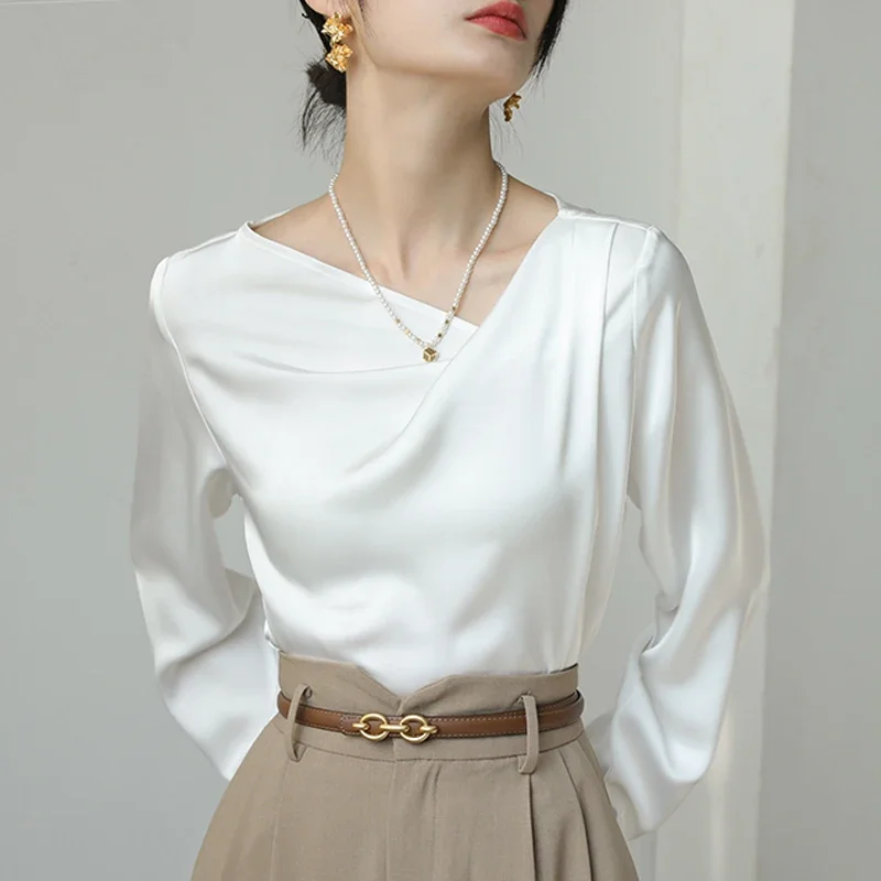 Satin Women\'s Shirts New Silk Solid Casual Blouses Loose Spring/Summer Ladies Clothing FASHION Long Sleeves White Tops