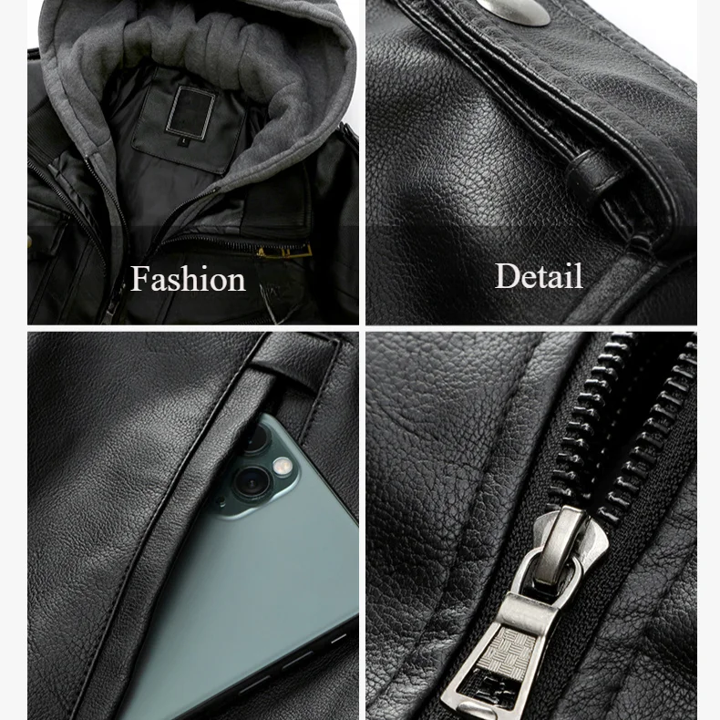 Men\'s Fall Winter Jacket PU Leather Jackets Stand-up Collar Motorcycle Biker Clothing Casual Detachable Hooded Coats