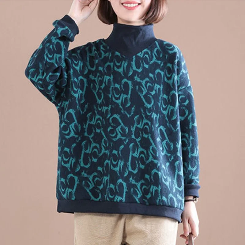 

Women's Winter Velvet Thickened Turtleneck Sweatshirt Retro Printed Loose Casual Pullover Top