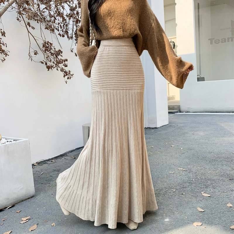 

MEXZT Vintage Knitted Midi Skirt Women Elegant Patchwork Black Pleated Skirts Winter Korean High Waist Design A Line Faldas New