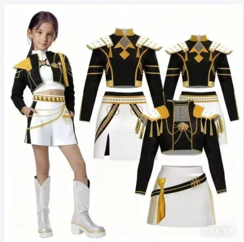 

Girls Rumi Zoey Mira Cosplay KPop Demon Hunters Cosplay Costume Children Black Golden Suit Halloween Huntrix Role Playing Outfit