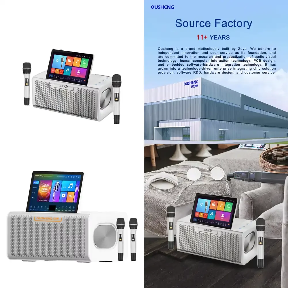 

All in One White Plastic Karaoke System with 10.1 Inch Touch Screen Player Two UHF Wireless Microphones and Six Unit Surround