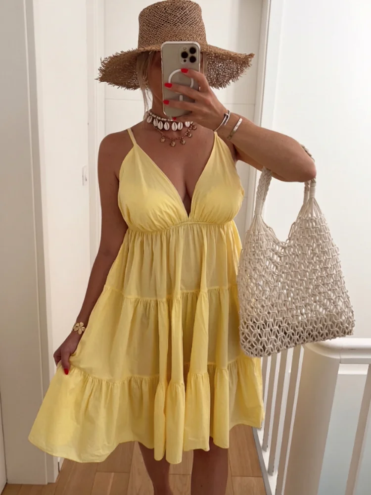 

Boho Resort Tiered Midi Dress for Women, Solid Soft Yellow Deep V Neck Thin Strap Loose Flowy Summer Beach Casual Sundress