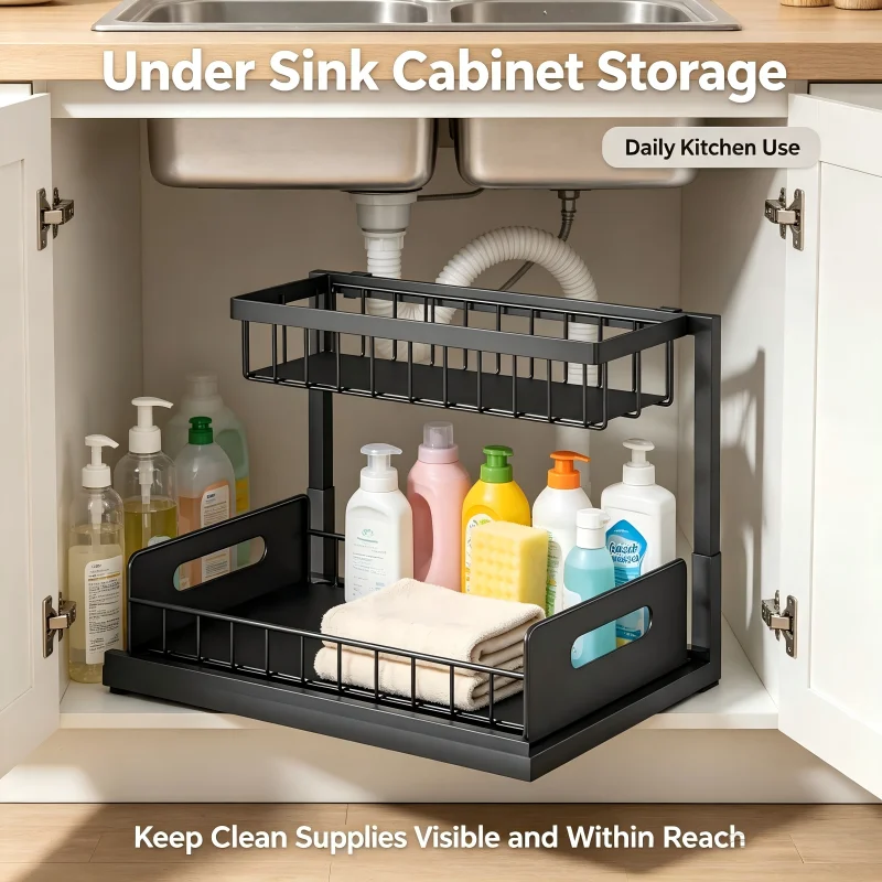 2-Tier Sliding Under Sink Organizer - Rustproof Metal Cabinet Storage for Kitchen and Bathroom Cleaning Supplies and Essentials