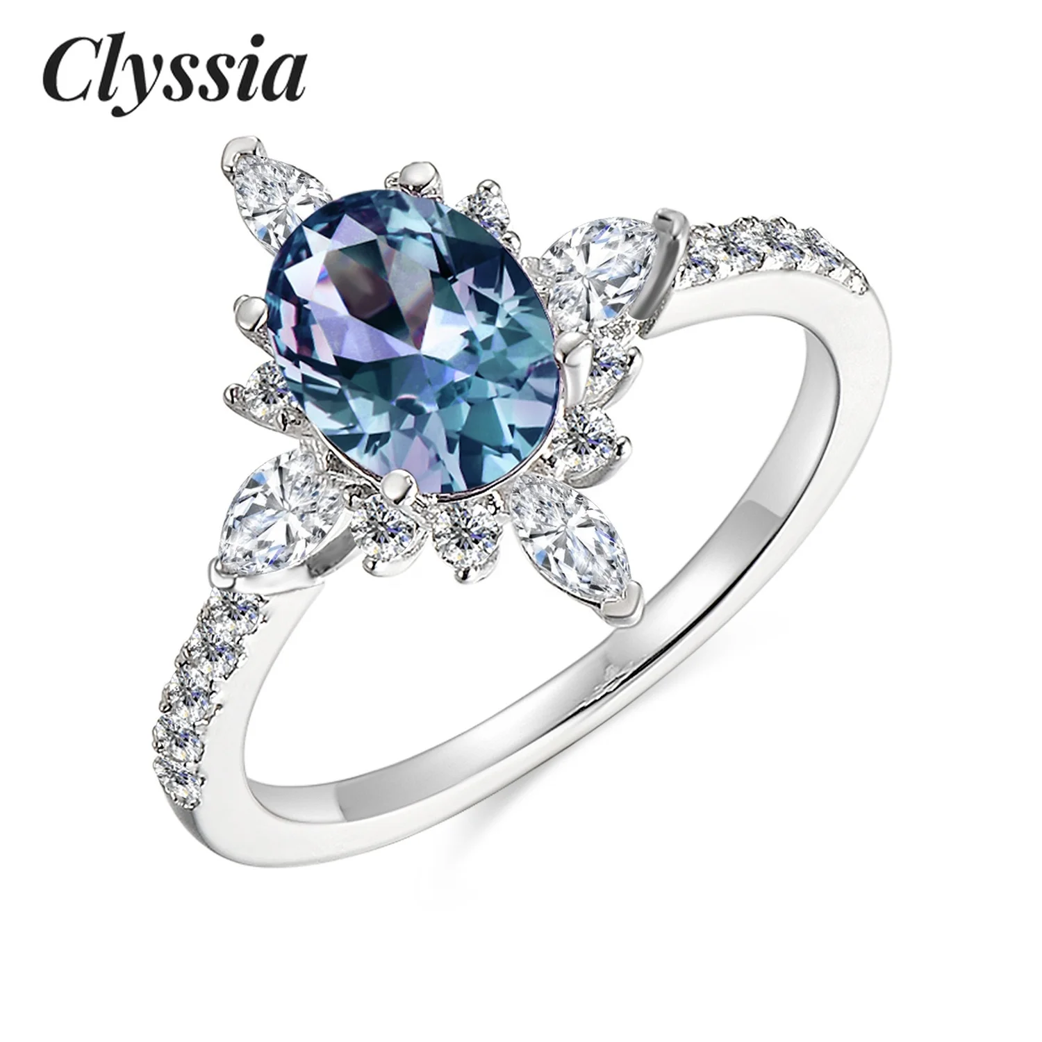

CLYSSIA 925 Sterling Silver Color Change Gemstone Jewelry Beautiful Cluster Alexandrite Engagement Ring for Women Jewellery