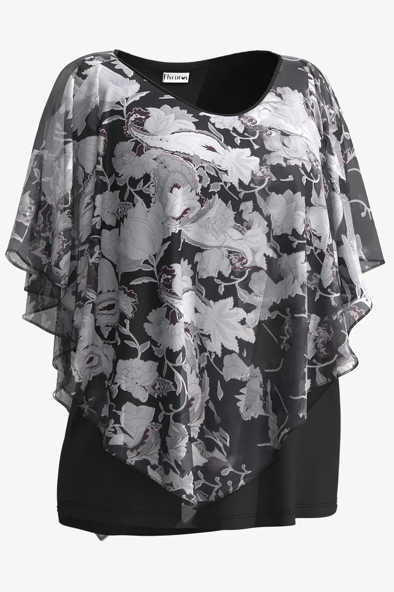 Plus Size Women Blouse Cloak Loose Casual Floral Print Ruffle Batwing Cape Sleeve Basic Tee Top Fake Two Pieces Women Shirt Top