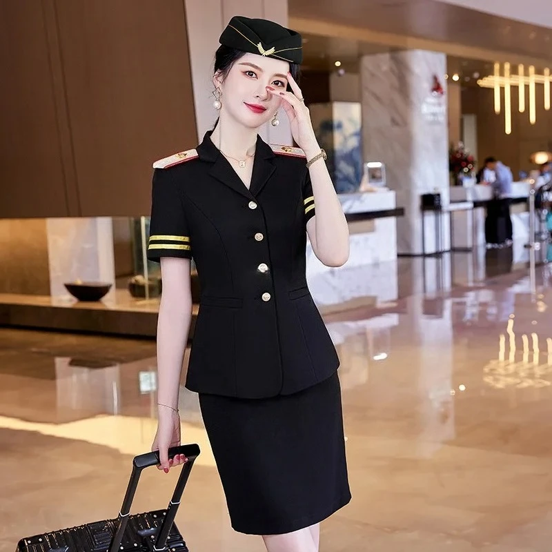 Flugbegleiter Kurzarm Uniform Mädchen Student Interview Kunst Prüfung Kleidung Etikette Training Eisenbahn Professionelles Kostüm