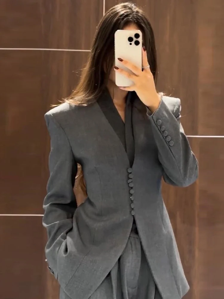 Women Elegant Button Front V Neck Fitted Waist Blazer Long Sleeve Padded Shoulder Slim Formal Suit Jacket Chic Office Daily Wear