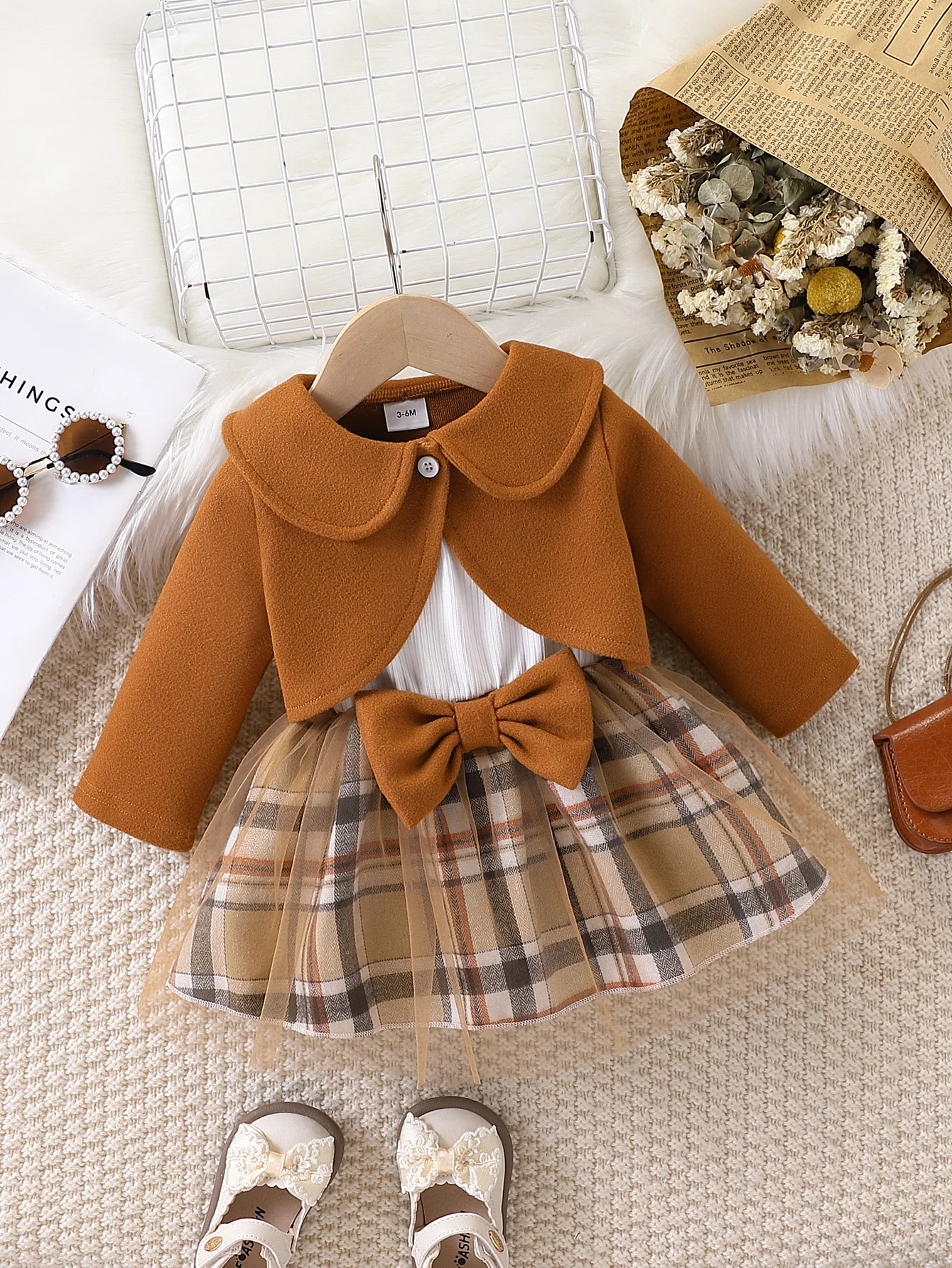 Baby Girl Plaid Tulle Skirt Dress & Cropped Jacket Set