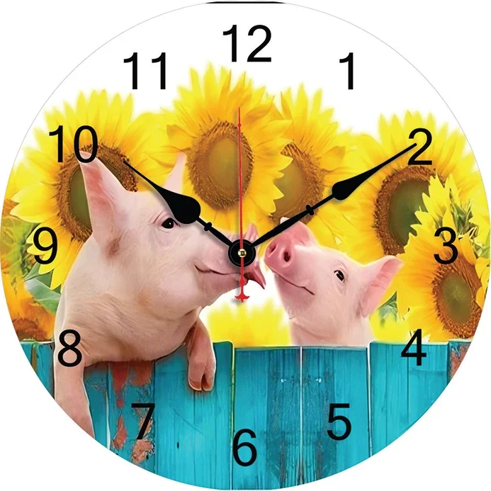 Pig Sunflower Wall Clock Kitchen Decor Wall Art Silent Non Ticking Large Round Wall Clocks For Living Room Bedroom Office