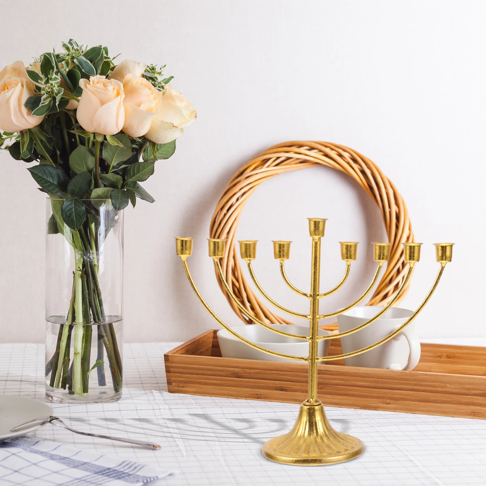 

9-Hole Hanukkah Holder Vintage Metal Candelabra Decorative Candlestick for Home Festive Desktop Decoration