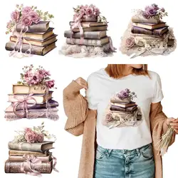 Vintage Floral Books Iron-on Transfer For Clothing DIY Washable T-shirts Thermal Stickers Beautiful Watercolor Painting Patches