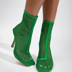 Xibeilove-Botines de malla con punta cuadrada para mujer, botas de tacón alto, transpirables, con cremallera, color verde, para fiesta, 2023