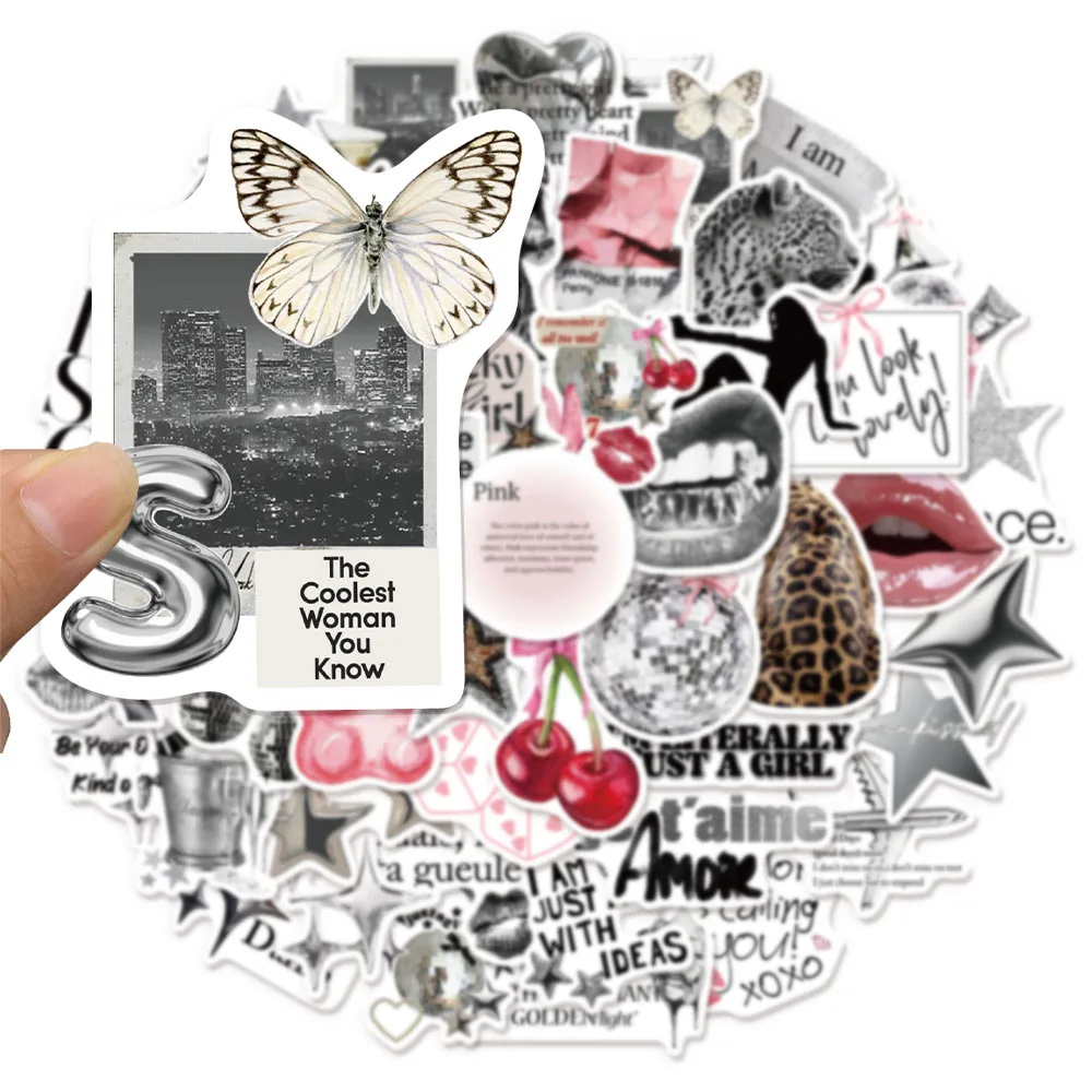 50PCS Silver Lucky Girl Fun Stickers DIY Speaker Decoration Luggage Notebook Water Bottle Label Waterproof Stickers