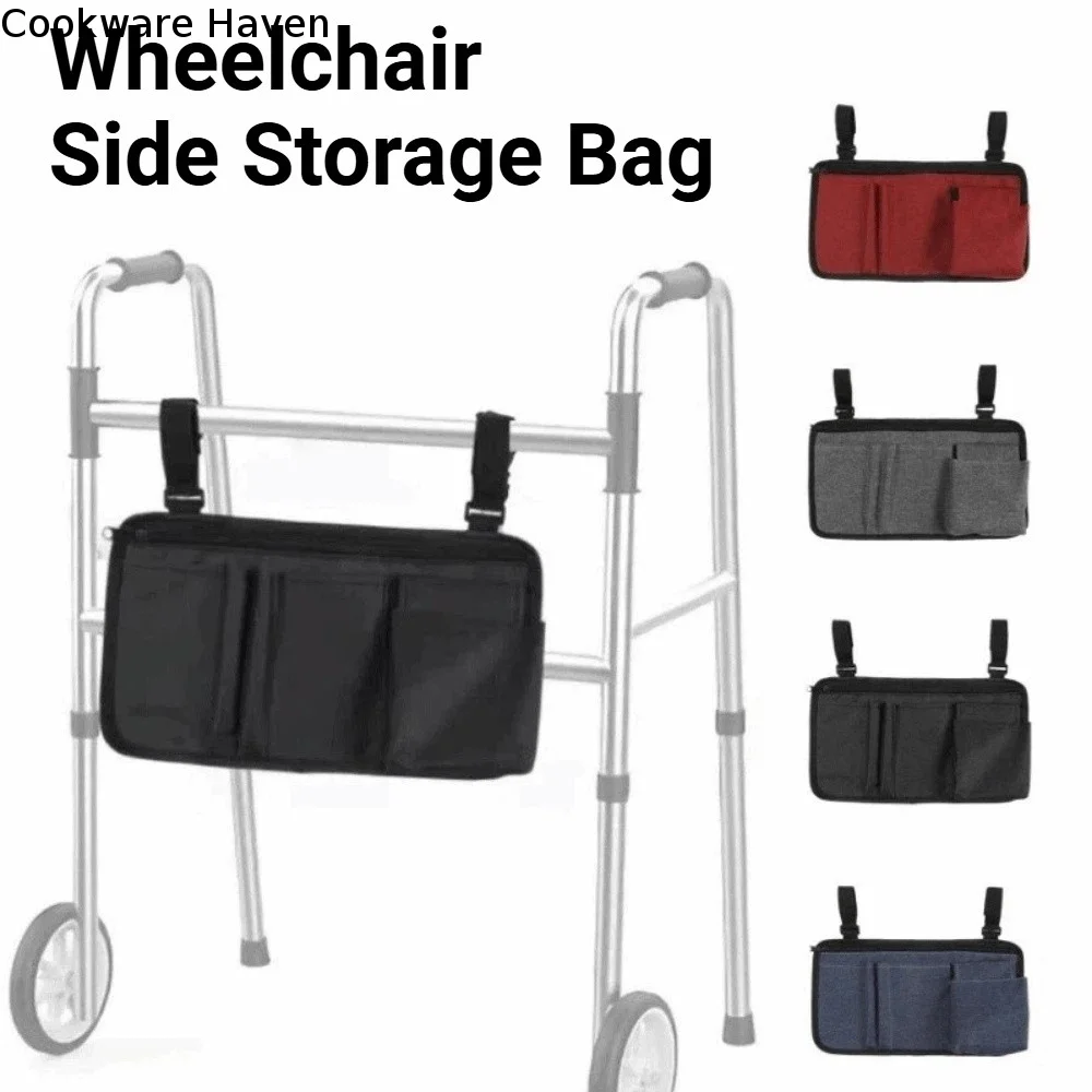 Waterproof Wheelchair Side Storage Bag Large Capacity Multi-Pocket Wheel Chair Hanging Bag Wear-Resistant Zipper Closure