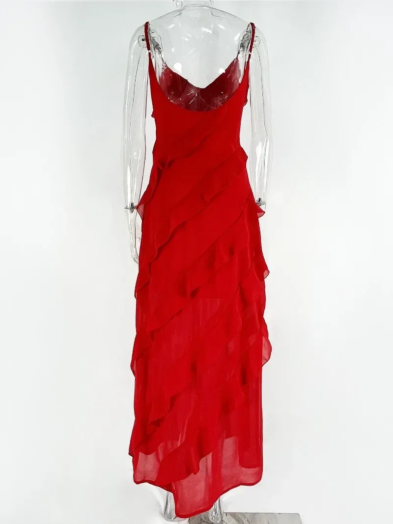 Vestido feminino elegante de chiffon vermelho, alça sexy de espaguete, sem costas, com cordões, babados, longo, maxi, festa à noite, baile, 2022