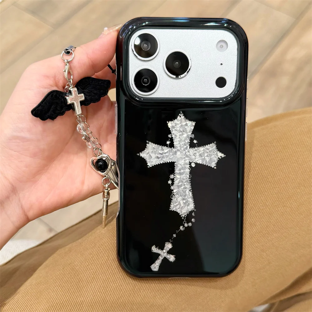 

Y2K Punk Iridescent Sparkle Cross Glossy Phone Case for 17 Pro Max Black Wing Chain Charm Lanyard Protect Cover for iPhone 16 15